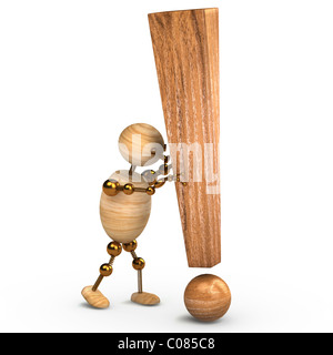 L'homme de bois avec un rendu 3d'exclamation Banque D'Images