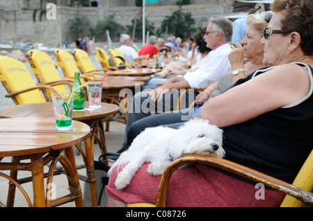 En dehors de l'alcool sur la côte d'Azur - dames et des cocktails avec un mignon petit caniche de couchage de lady's tour. Banque D'Images