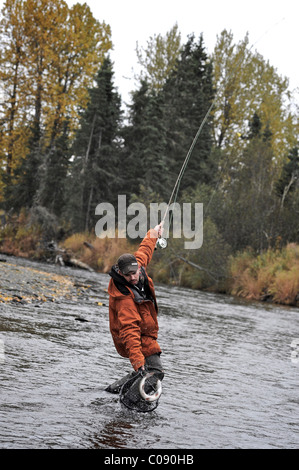 La pêche à la mouche une compensation de Dolly Varden sur Deep Creek, péninsule de Kenai, Southcentral Alaska, automne Banque D'Images