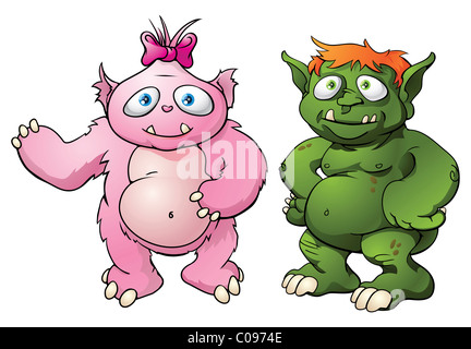 Un couple de cute cartoon character monster mascottes. Peut-être qu'un couple marié ? Banque D'Images