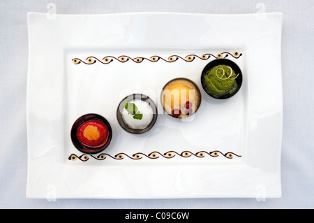 Divers sorbets sur une plaque blanche, Haute Cuisine, Auberge de la Ferme Hueb, Mike Germershausen, Marckolsheim, Alsace, France