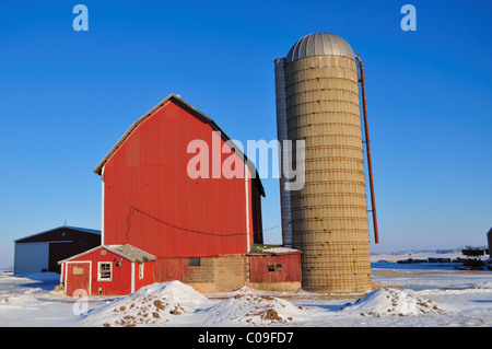 Urbana, Illinois, États-Unis. Une grange rouge avec silos penchée au milieu d'un hiver de l'Illinois et d'un après-midi froide et claire. Banque D'Images