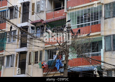 L'approvisionnement en électricité, vieille ville, Yangon, Rangoon, Myanmar, Birmanie, en Asie du sud-est Banque D'Images