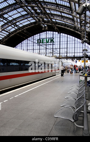 Les passagers d'un train à la gare centrale de Cologne, Rhénanie du Nord-Westphalie, Allemagne, Europe Banque D'Images