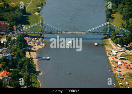 Vue aérienne, ainsi appelé Blaues Wunder nouveau pont de l'Elbe, Site du patrimoine mondial de l'UNESCO, l'Elbe, Dresde, Saxe, Allemagne, Europe Banque D'Images