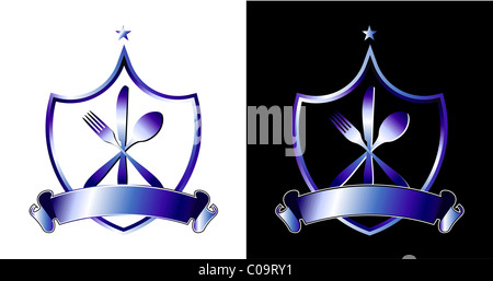 Des couverts d'icônes. Couteau, fourchette et cuillère silhouettes en noir et blanc sur les milieux. Vector illustration. Banque D'Images