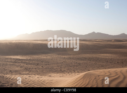 Dunes de sable (Ergs) dans Sahara causés par des processus éoliens avec terrain de montagne dans la distance. Le Maroc. Banque D'Images