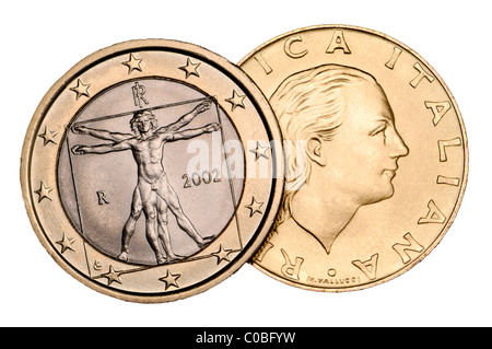 Pièce de 1 Euro italienne à partir de 2002 et 200 de 1991 lires coin Banque D'Images