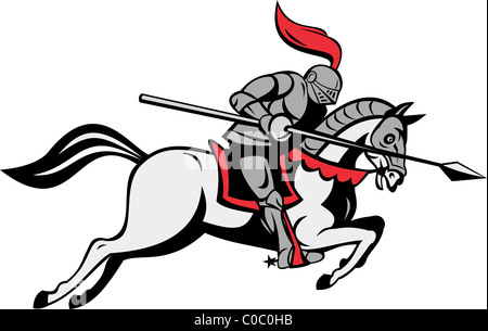 Illustration de Knight avec lance riding horse isolated on white Banque D'Images