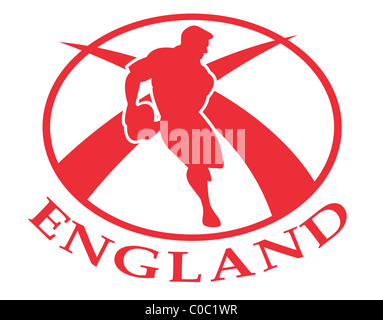 Illustration d'un joueur de rugby en passant la balle à l'intérieur de l'ensemble de vues de côté ou de ballon ovale avec drapeau anglais et les mots en Angleterre Banque D'Images