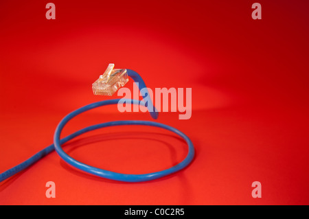 Câble Ethernet avec connecteur, comme un serpent enroulé sur fond rouge Banque D'Images