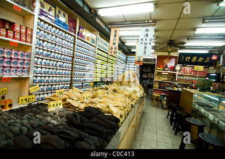 La médecine traditionnelle chinoise boutique vendant des herbes et des nageoires de requin dans la vieille ville de Taipei, Taiwan. Banque D'Images