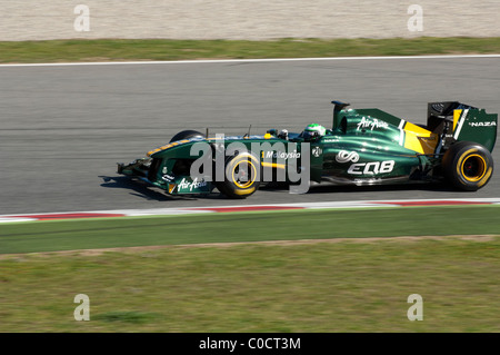 Heikki Kovalainen durs pour l'équipe de l'équipe Lotus lors des essais sur le circuit de Catalunya, 18 février 2011 à Barcelone Banque D'Images