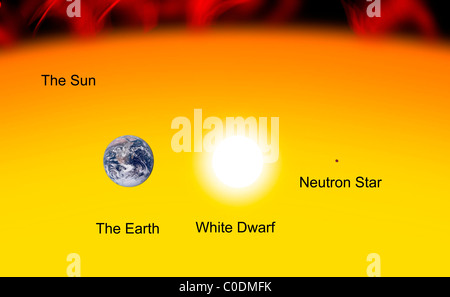 La Terre par rapport au soleil, une naine blanche et d'une étoile à neutrons. Banque D'Images