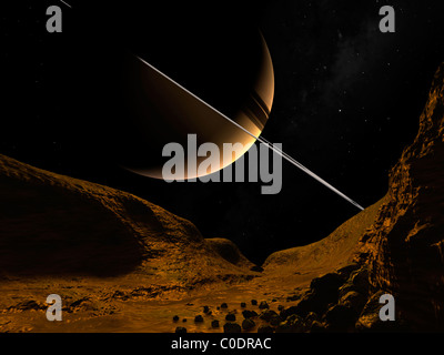 Illustration de Saturne à partir de la surface glacée d'Encelade. Banque D'Images