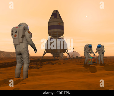 Illustration de la mise en place d'une base des astronautes à la surface de Mars Lander autour de leur véhicule. Banque D'Images