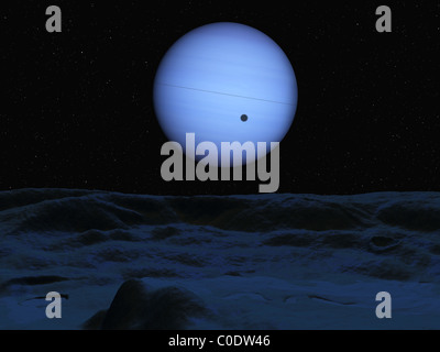 Artiste' concept de Neptune vu de sa plus grande lune Triton. Banque D'Images