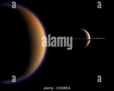 Concept de l'artiste de Saturne et son satellite Titan. Banque D'Images