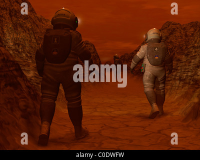 Concept de l'artiste des astronautes explorant un ravin à sec sur Titan. Banque D'Images