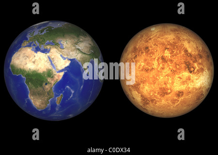 Concept de l'artiste montrant la terre et Vénus sans leurs atmosphères. Banque D'Images