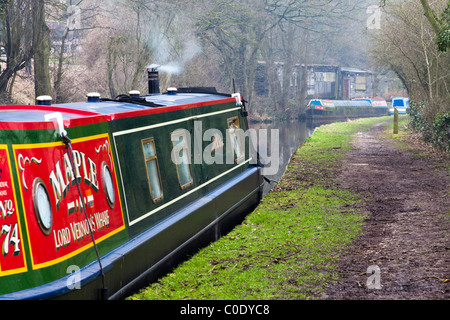 Canal de couleur vive bateau sur le canal de Macclesfield près du village de Sutton. Banque D'Images