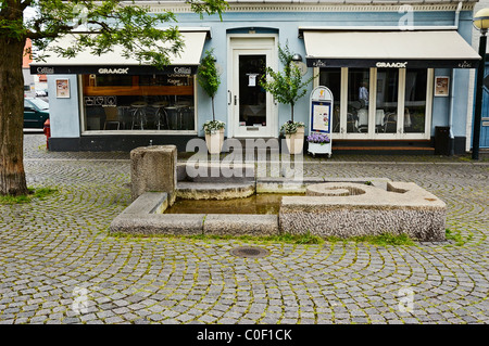 Une petite fontaine ornementale et la piscine en face d'un restaurant sur Store Torv, Ronne Bornholm Banque D'Images