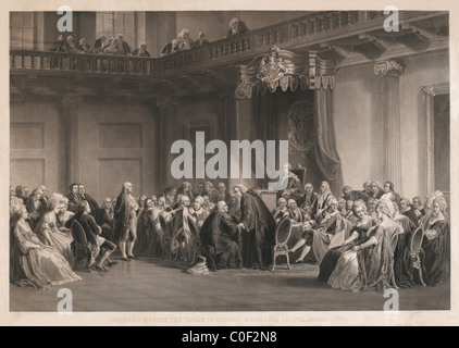 Benjamin Franklin devant le conseil du seigneur, présentant les préoccupations des colons américains. Chapelle de Whitehall, Londres 1774 Banque D'Images
