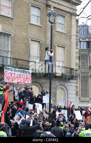 Manifestant libyen monte un lampadaire dans Whitehall durant demo Banque D'Images