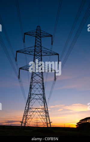 Un pylône de l'électricité du réseau électrique national au pays de Galles au coucher du soleil Banque D'Images