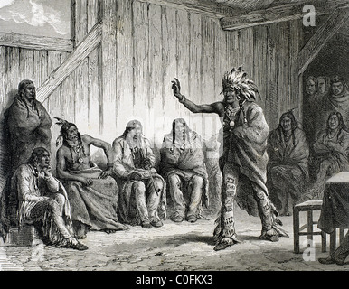 Le Grand Conseil des corbeaux à Fort Laramie. Gravure par Guachard en 1881. USA. Banque D'Images