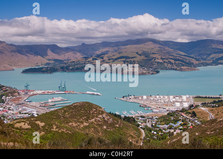 Vue depuis la route du Sommet, plus de Lyttleton Harbor, Christchurch, Nouvelle-Zélande Banque D'Images