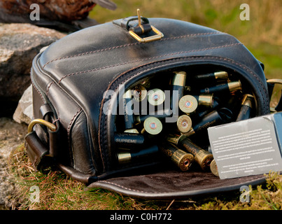 L'alésage de 12 cartouches de fusil de chasse dans un cartouche de cuir sac sur une journée de tournage de tétras Banque D'Images