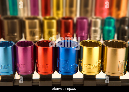 Codage couleur metal sockets à partir d'un jeu de clé à douille Banque D'Images