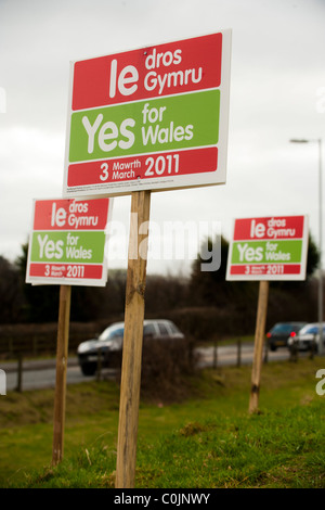 Voter oui pour le pays de Galles dans le 3 mars 2011 Référendum - réduit les affiches de la campagne, le Pays de Galles, Royaume-Uni Banque D'Images