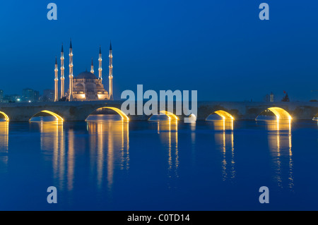 Mosquée Sabanci et vieux tas romain(stone)Bridge at night sur la rivière Seyhan, Adana, Turquie Banque D'Images