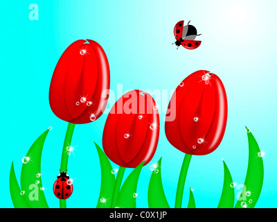 Coccinelle rouge montée au pied de la tige de la fleur de tulipe Illustration Banque D'Images