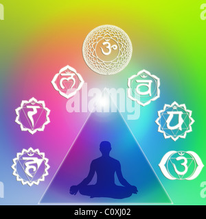 Chakras symboles avec silhouette de l'homme dans lotus yoga pose Banque D'Images