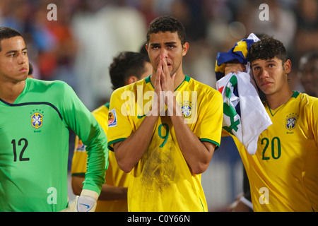 Les joueurs du Brésil Renan Ribeiro (12), Alan Kardec (9) et Ciro (20) réagir après avoir été battu par le Ghana dans la Coupe du Monde U-20 de la FIFA. Banque D'Images