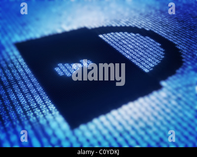 Code binaire dans un motif de blocage sur écran avec détails - 3D render avec selective focus Banque D'Images