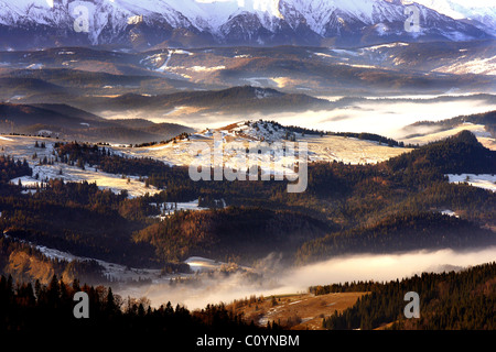 Montagnes Pieniny avec Montagnes Tatra en arrière-plan, dans la région de Podhale Pologne vu de l'Radziejowa Beskid Sadecki dans Banque D'Images