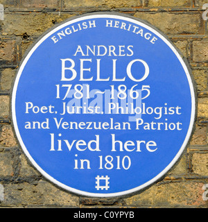English Heritage Blue plaque commémorant Andres Bello un patriote vénézuélien Juriste Poète et philologue vécu dans Grafton Way London England UK Banque D'Images