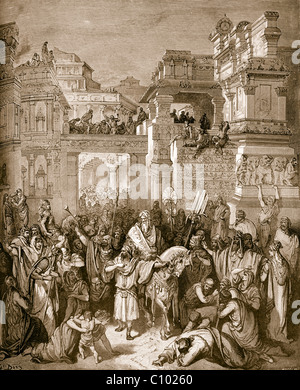 Illustration biblique du Triomphe de Mardochée par Gustave Dore Livre d'Esther 6:11 le roi Assuérus honorant Mardochée pour avoir sauvé sa vie en habillant Mo Banque D'Images