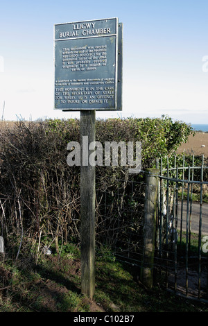 Un panneau décrivant la fin du néolithique chambre funéraire excavées au Lligwy près de Llangefni sur l'île d'Anglesey, dans le Nord du Pays de Galles Banque D'Images