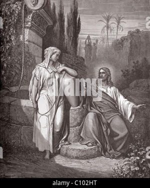 Bible Illustration de Jésus et de la femme de Samarie par le puits de Jacob par Gustave Dore Jean 4:13-14 Banque D'Images