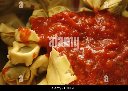Tortelloni ricotta épinards et recouverts d'une sauce tomate cerise italien, la cuisson dans le moule Banque D'Images