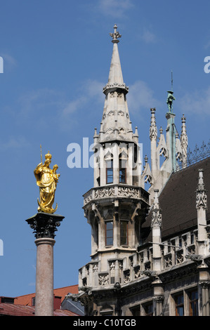 Mariensaeule, colonne de Marie, nouvel hôtel de ville, La Place Marienplatz, Munich, Bavaria, Germany, Europe Banque D'Images