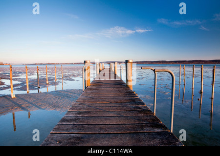 Dans la jetée, la lumière du matin sur le lac de Constance près de Triboltingen hiver en Suisse, Europe Banque D'Images