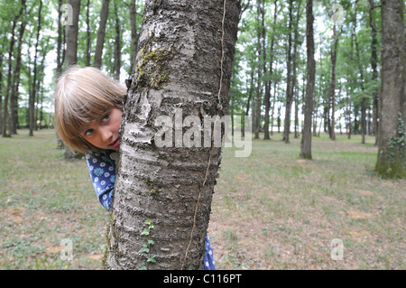 Une fillette de 8 ans se cacher derrière un arbre Banque D'Images