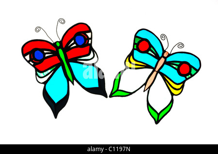 Vitrail papillons sur fond blanc Banque D'Images