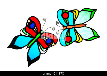Vitrail papillons sur fond blanc Banque D'Images